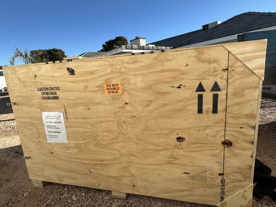 Custom crate with handling labels in warehouse